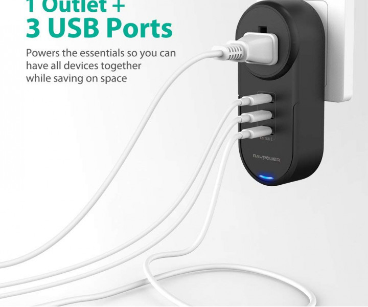 RAVPower USB Wall Charger Strip 4in1 Mini 3xUSB iSmart 2.0 RP-PC003BK 